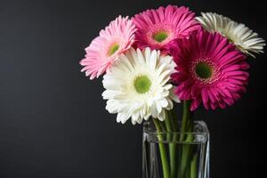 Minimalist vase displaying vibrant flowers against a dark background showcasing realistic lighting photo