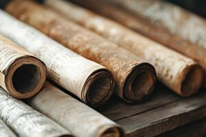 Close-up view of ancient scrolls showcasing various historical scripts from different cultures photo