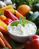 Fluffy cottage cheese in a bowl garnished with fresh mint, surrounded by vibrant vegetables on a rustic table photo