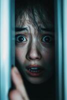 Intense struggle with fear captured in a claustrophobic elevator moment photo