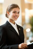 Porter warmly assisting hotel guests with a friendly smile amidst an elegant lobby setting photo