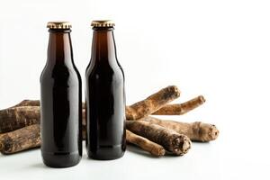 Root beer bottles resting on a clean white background with bark accents for a fresh and natural look photo