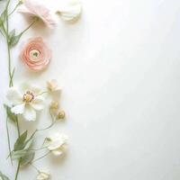 Soft pastel flowers arranged elegantly on a white table inviting creativity and tranquility for any occasion photo