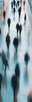 Urban crowd moving swiftly through a futuristic corridor with blurred motion effects photo