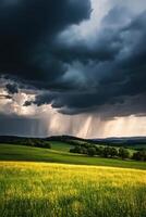 Dynamic weather transformation showcasing clouds, rainbows, and sunshine in a serene landscape photo