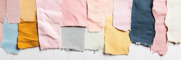 Colorful collage showcasing a patchwork of diverse fabrics with varying textures and patterns photo