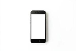 Professional smartphone with blank white screen on clean white background in studio setting photo