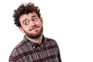 Professional portrait of a man displaying a confused expression against a clean white background photo