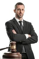 Professional lawyer posing confidently in a studio setting with a gavel on a clean white background photo