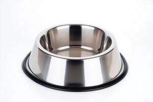 Professional stock photo showcasing a sleek cat food bowl on a clean white background with ample empty space