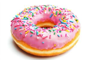Delicious pink frosted doughnut with colorful sprinkles on a white background photo