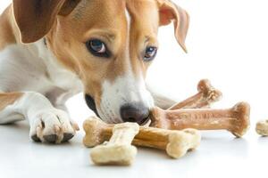 Dog happily chewing on assorted bones isolated on a clean white background photo