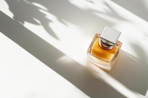 Cosmetics and perfumes showcased on a clean white background with soft shadows and professional lighting photo