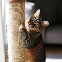 Curious cat enjoying time on a scratching post at home in bright sunlight photo