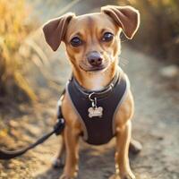 Small dog wearing a harness while sitting on a dirt path during golden hour photo