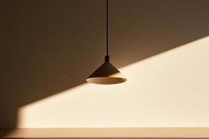 Minimalist lamp casting dramatic shadows in a serene studio setting during golden hour photo