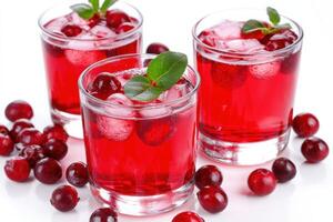 Cranberry juice served in stylish glasses with ice and fresh berries on a clean white background photo