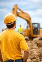 Excavator operator coordinates with construction team for effective safety measures during site work photo