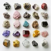 Diverse collection of mineral samples showcasing unique colors and textures in a curated display photo