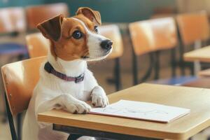 Dog at a classroom desk doodling while trying to concentrate during a lesson photo
