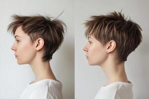 Transformative hair experiment showing before and after of a hairstyle makeover with a trendy cut photo