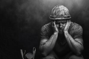 Miner takes a break underground, reflecting on the challenges of work in a soot-filled environment photo