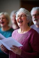 Elderly people enjoy a joyful singing group led by a passionate instructor in community center setting photo