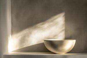 Modern ceramic bowl against a smooth textured wall illuminated by soft lighting photo