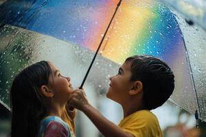 Kids enjoying a colorful rainbow while standing under an umbrella after a summer rain shower photo