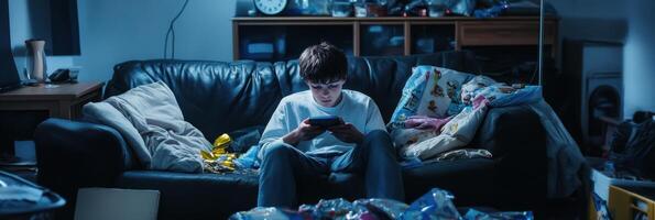 Teenager immersed in late-night mobile gaming on cluttered couch photo