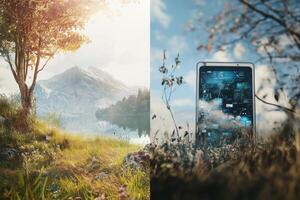 Contrast between serene nature and chaotic digital landscapes reveals our gadget obsession photo
