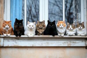 Cats amusingly gathered at the windowsill enjoying the view of the outside world photo