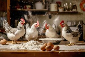 Chickens hilariously attempt cooking in a chaotic culinary class filled with flour and egg spills photo