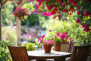 Fuchsia flowers create a vibrant atmosphere in a sunny garden patio setting photo