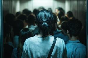 Person experiences panic in crowded elevator as doors begin to close in a claustrophobic situation photo