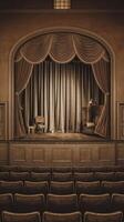 An empty theater with a curtain and chairs photo