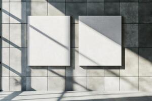 Hyper-realistic tiled restroom wall design featuring two blank canvases illuminated by natural window light photo