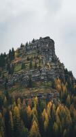 A mountain with trees and rocks in the background photo