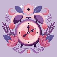 a clock with flowers and leaves on a purple background vector