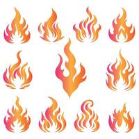 Set of fire flame icons in a vibrant orange, yellow, and red design illustrating heat, burn, and blaze elements, perfect for symbolizing warmth, danger, and fiery energy vector