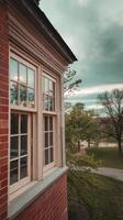 A window with a view of a park and trees photo