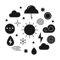 weather icons in a circle with a sun, cloud, and lightning vector