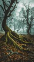 A tree with roots in the middle of a forest photo