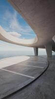 A large concrete structure with a circular roof and a parking lot photo
