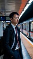 A man in a suit and tie standing in front of a train photo