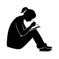 Silhouette of a Student Sitting on the Floor and Studying with a Book vector