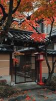 A red gate and a red lantern in front of a building photo