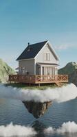 A house floating in the sky over a lake photo