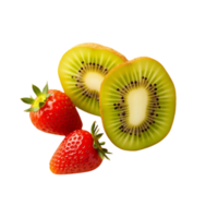 Two halves of a kiwi with vivid bold black seeds beside two plump strawberries. png