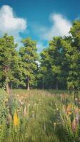A field of flowers and trees in the distance photo